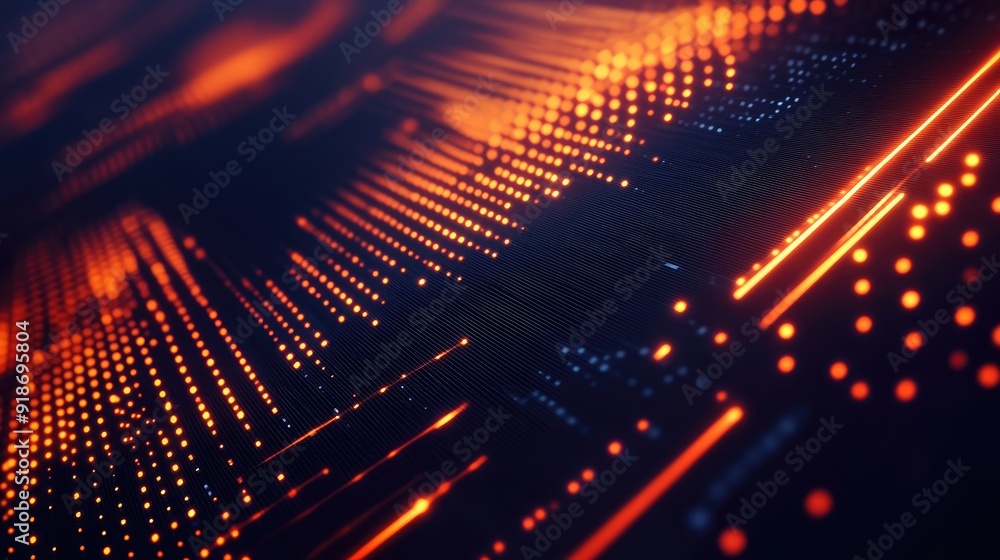 Poster a computer generated image of a cityscape with orange and blue lines. the image has a futuristic and