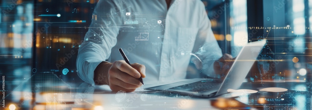 Poster businessman using digital tablet and writing on whiteboard with network connection