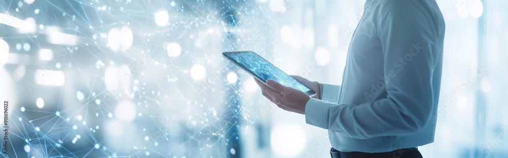 Poster businessman using digital tablet with global network and data connection technology