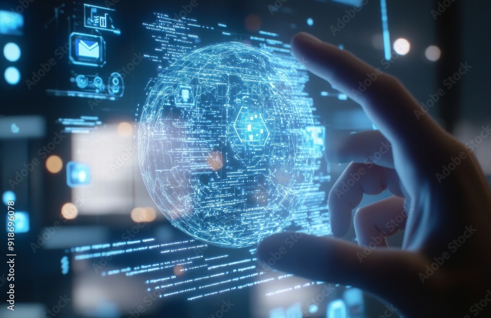 Poster photorealistic depiction of an ai digital twin being created on the screen, with code and data flowi