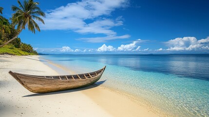 Fototapeta premium Serene Tropical Beach with Wooden Boat and Crystal Clear Waters