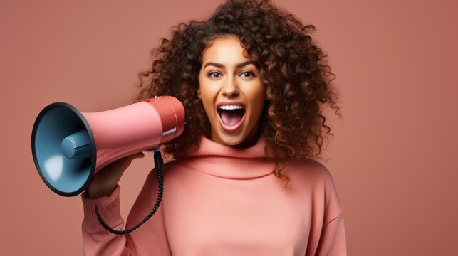 Dynamic announcement - smiling young woman with megaphone promoting sale offers on single colour background, ideal for banner design or with space for text, emphasizing enthusiasm and engagement