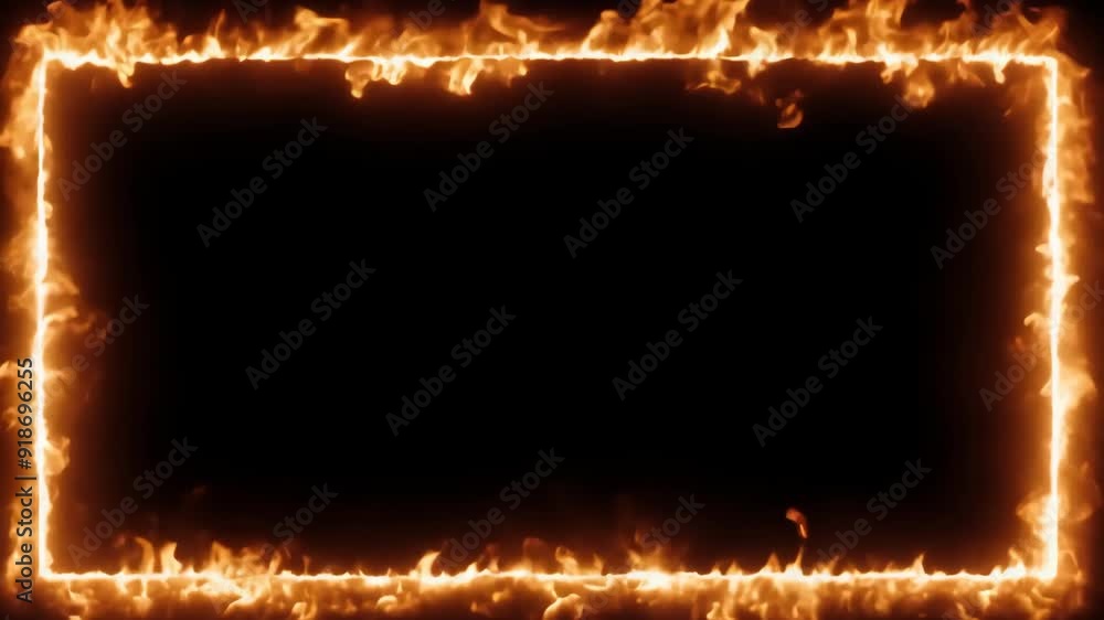 Poster abstract frame with animation of orange fire energy effect with flying particles and sparks on black