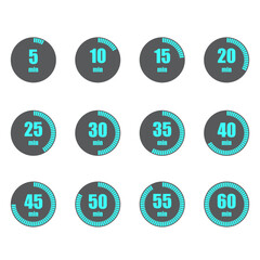 Timers showing minutes. Five to sixty minutes. Black and blue circles. Minimalist vector icons.