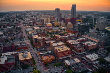 Aerial View of the Omaha, Nebraska Skyline at Dusk
