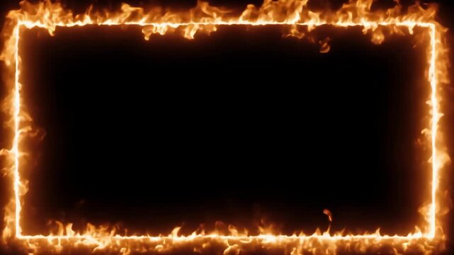 Abstract frame with animation of orange fire energy effect with flying particles and sparks on black background. Burning border with copy space. Rectangular glowing element for design