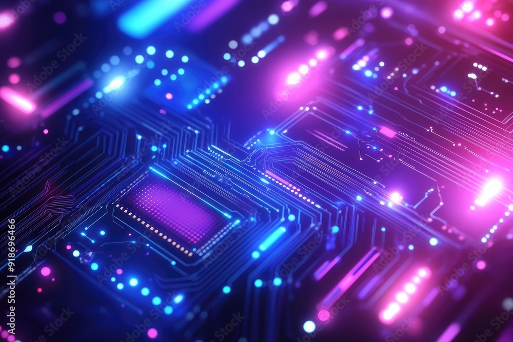 Poster a computer chip with a blue and purple background. the chip is made up of many small squares