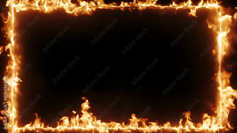 Poster abstract frame with animation of orange fire energy effect with flying particles and sparks on black
