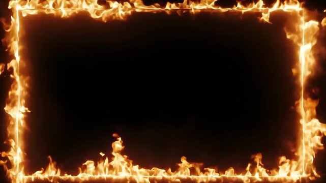 Abstract frame with animation of orange fire energy effect with flying particles and sparks on black background. Burning border with copy space. Rectangular glowing element for design