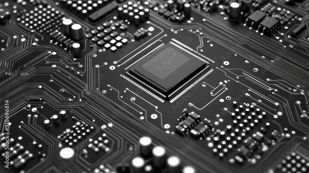 Poster a close up of a computer chip. the chip is black and white and has a lot of small dots on it. concep