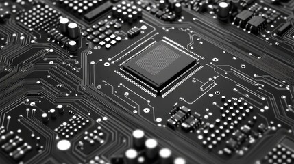 A close up of a computer chip. The chip is black and white and has a lot of small dots on it. Concept of complexity and intricacy, as well as the importance of technology in our lives