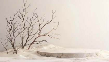Minimal mockup background for product presentation. Podium and dry tree twigs branch with white sand beach on white background. 3d rendering illustration, generative ai