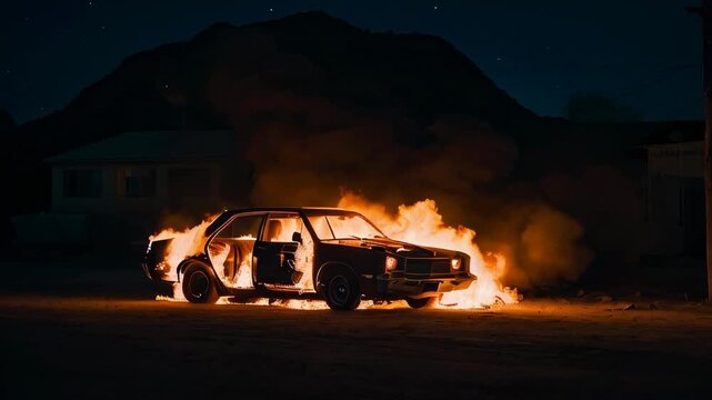 A Classic Car Burning in the Desert at Night