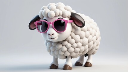 A 3D kawaii sheep wearing oversized round sunglasses, standing confidently, white background