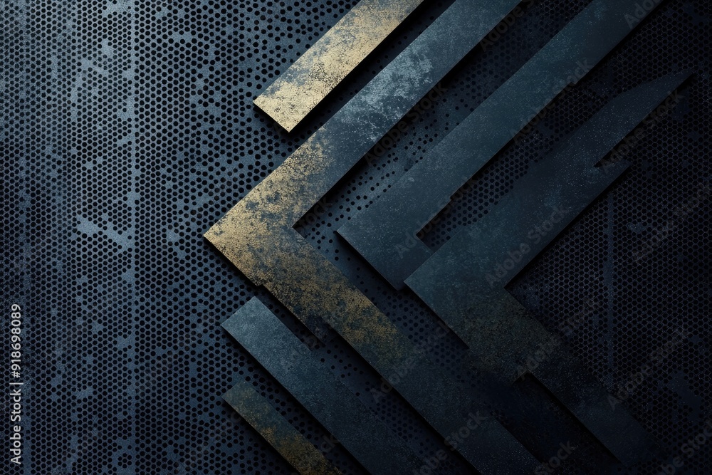 Poster a black and gold design with a triangle shape. the design is made up of many small squares