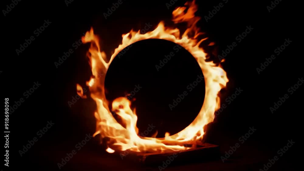 Poster abstract frame with animation of orange fire energy effect with flying particles and sparks on black