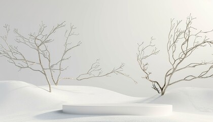 Minimal mockup background for product presentation. Podium and dry tree twigs branch with white sand beach on white background. 3d rendering illustration, generative ai
