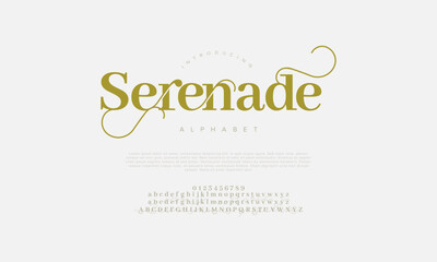 Serenade swash luxury elegant alphabet letters and numbers. Vintage wedding typography classic serif font decorative vintage retro. creative vector illustration