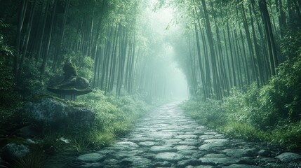 Obraz premium Zen Path of Resilience: Tranquil Japanese Forest with Tall Bamboo, Symbol of Growth and Calming Surreal Nature Presence