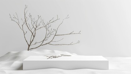 Minimal mockup background for product presentation. Podium and dry tree twigs branch with white sand beach on white background. 3d rendering illustration, generative ai