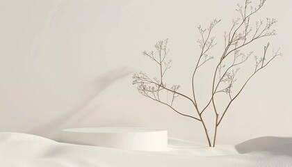 Minimal mockup background for product presentation. Podium and dry tree twigs branch with white sand beach on white background. 3d rendering illustration, generative ai