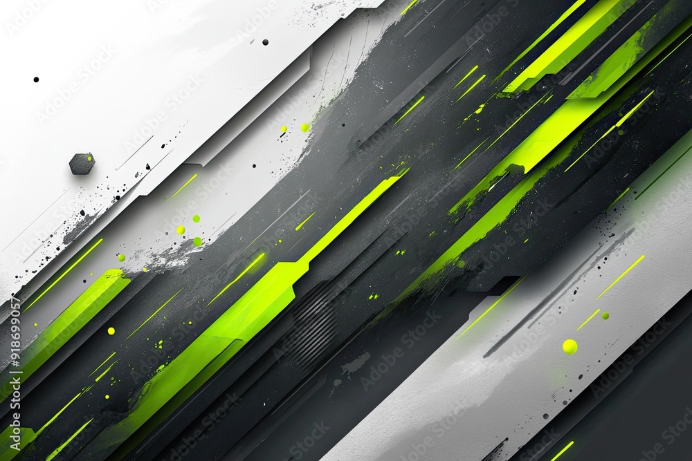 Poster a graphic design with a green and black color scheme. the design is abstract and has a futuristic fe
