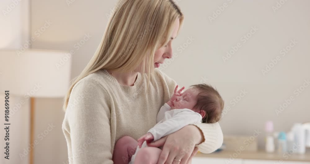 Wall mural Family, kiss and a mother rocking her baby to sleep in the bedroom of their home together for love or care. Dreaming, nap or tired with a woman and newborn infant in an apartment to rest for growth