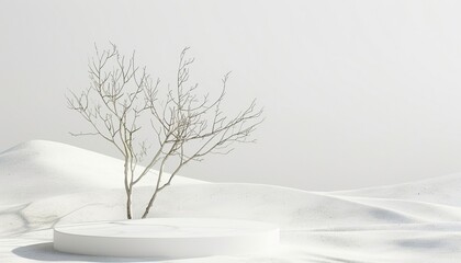 Fototapeta premium Minimal mockup background for product presentation. Podium and dry tree twigs branch with white sand beach on white background. 3d rendering illustration, generative ai