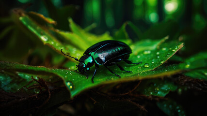 Naklejka premium Emerald Crawler: A Gleaming Glimpse into the Tiny World of Beetles