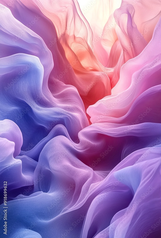 Poster abstract liquid waves with a soft gradient of pinks, purples, and blues, creating a peaceful and flo