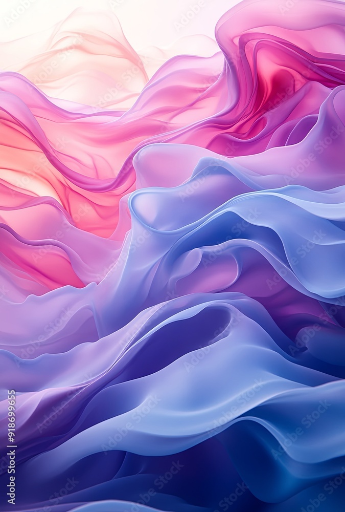 Poster abstract liquid waves with a soft gradient of pinks, purples, and blues, creating a peaceful and flo