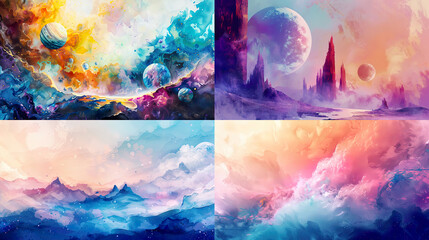 Dynamic watercolor washes of planetary landscapes, vibrant and smooth gradients, lively backgrounds 