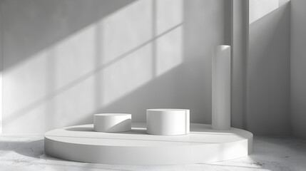 White round pedestal with light from above. Suitable for displaying fashion products