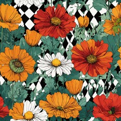 argyle , daisy, poppy, marigolds pattern.  bright jeweltones. Black & white cartoon drawing