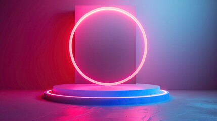 A white circular platform with a white neon light sits on a larger, similar platform. The background is a gradient of purple and pink, with a pink neon light glowing around a white rectangle.
