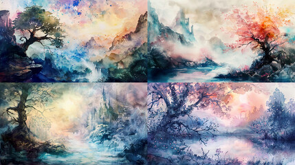 Fantasy landscape in watercolor glazing, soft colors, and magical elements