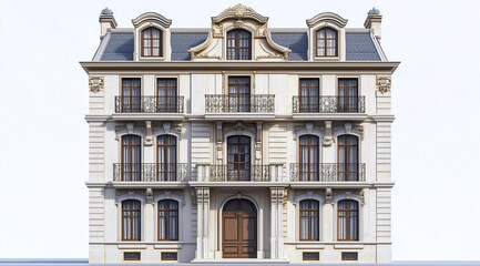 Detailed Illustration of a Three-Story Building with Mansard Roof and Stone Facade