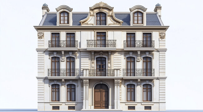 Detailed Illustration of a Three-Story Building with Mansard Roof and Stone Facade