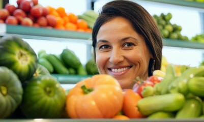 Friendly grocery store clerk portrait in fresh produce section for local grocery promotion