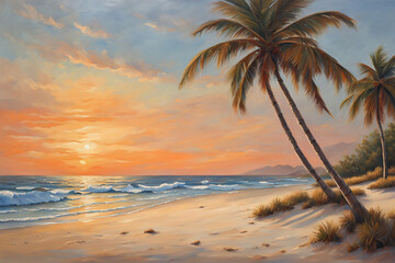 Golden hour paints the sky as palm trees sway on a pristine, tropical beach