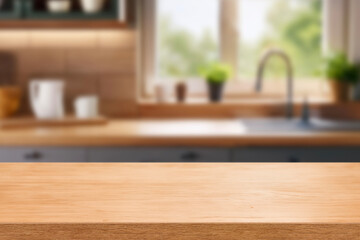 Kitchen wood table top for product display with blurred modern interior. Wooden tabletop over defocused kitchen background. kitchen furniture and desk space. product promotion in the kitchen