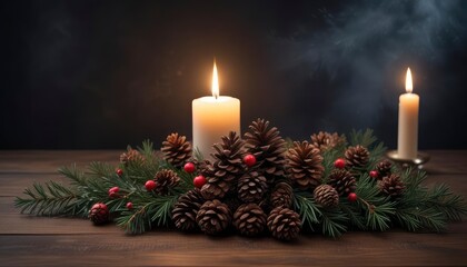 dark Christmas decoration background featuring a wooden table with scattered pine cones, holly leaves, and flickering candlelight, with ample copy space for greetings card text, ai
