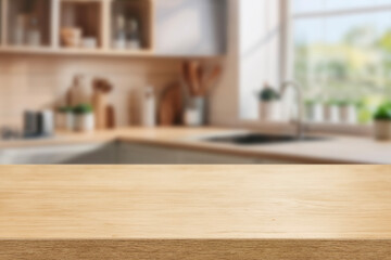 Kitchen wood table top for product display with blurred modern interior. Wooden tabletop over defocused kitchen background. kitchen furniture and desk space. product promotion in the kitchen