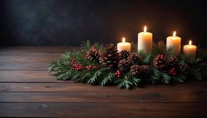 dark Christmas decoration background featuring a wooden table with scattered pine cones, holly leaves, and flickering candlelight, with ample copy space for greetings card text, ai