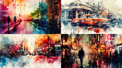 Nostalgic scenes and retro themes brought to life with vibrant watercolor drips and aged textures