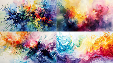 Playful explorations of chromatic harmonies in watercolor, softened by feathered edges that enhance the fluidity and organic flow of colors