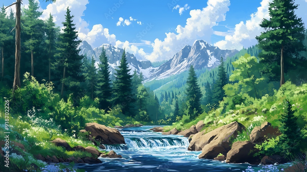 Poster mountain and river anime landscape view