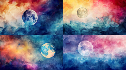 Rich watercolor washes of a dreamy moon, bold and vivid hues, seamless blending, artistic backgrounds 