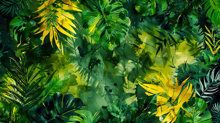 Rich watercolor washes of tropical greenery, intense and vivid colors, seamless texture, high-resolution digital paper for creative backgrounds 