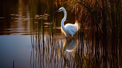 Fototapeta premium Sunset Serenity: The Graceful Egret in Golden Marshlands